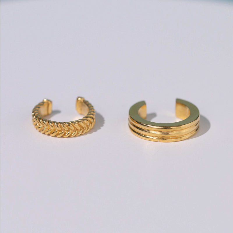 Gold Damen Cuff Ohrring mit Wellenmuster und Cuff Ohrring mit Palmenmuster