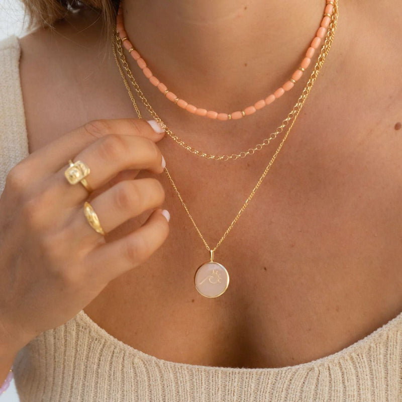 Damen Gold Halskette mit grober Kettenstruktur ohne Anhänger mit Pfirsich farbener Perlen Halskette