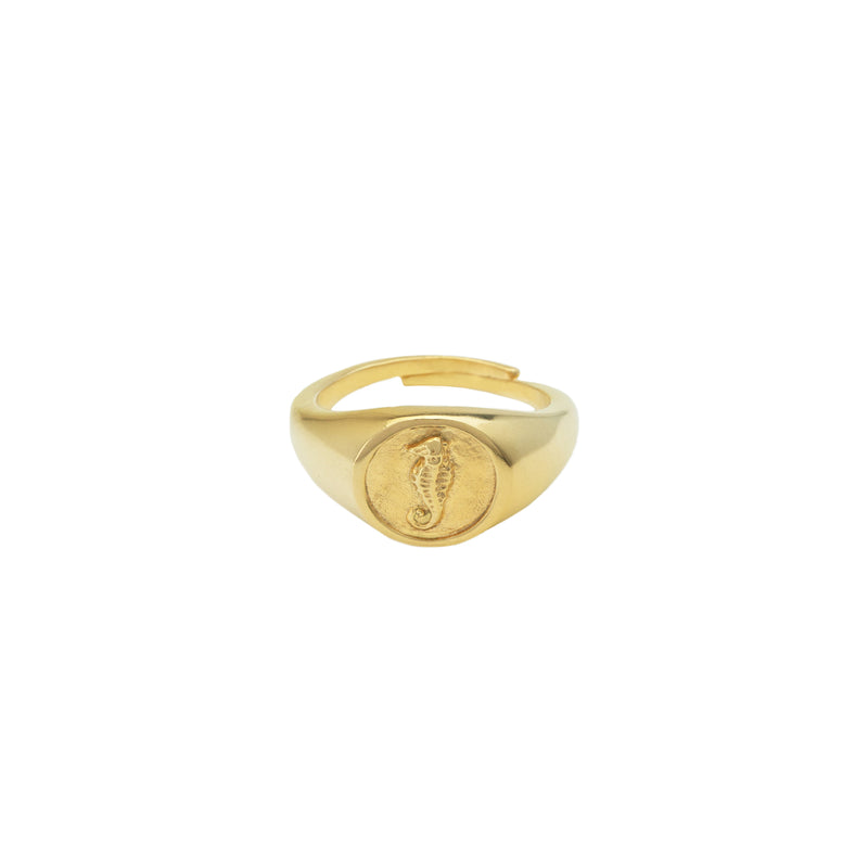 Damen Gold Ring mit Seepferdchen Motiv auf der Vorderseite