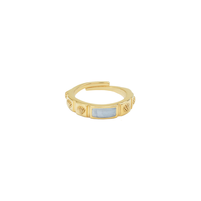 Gold Ring mit blauem Resin Inlay und Muscheln auf der Vorderseite.